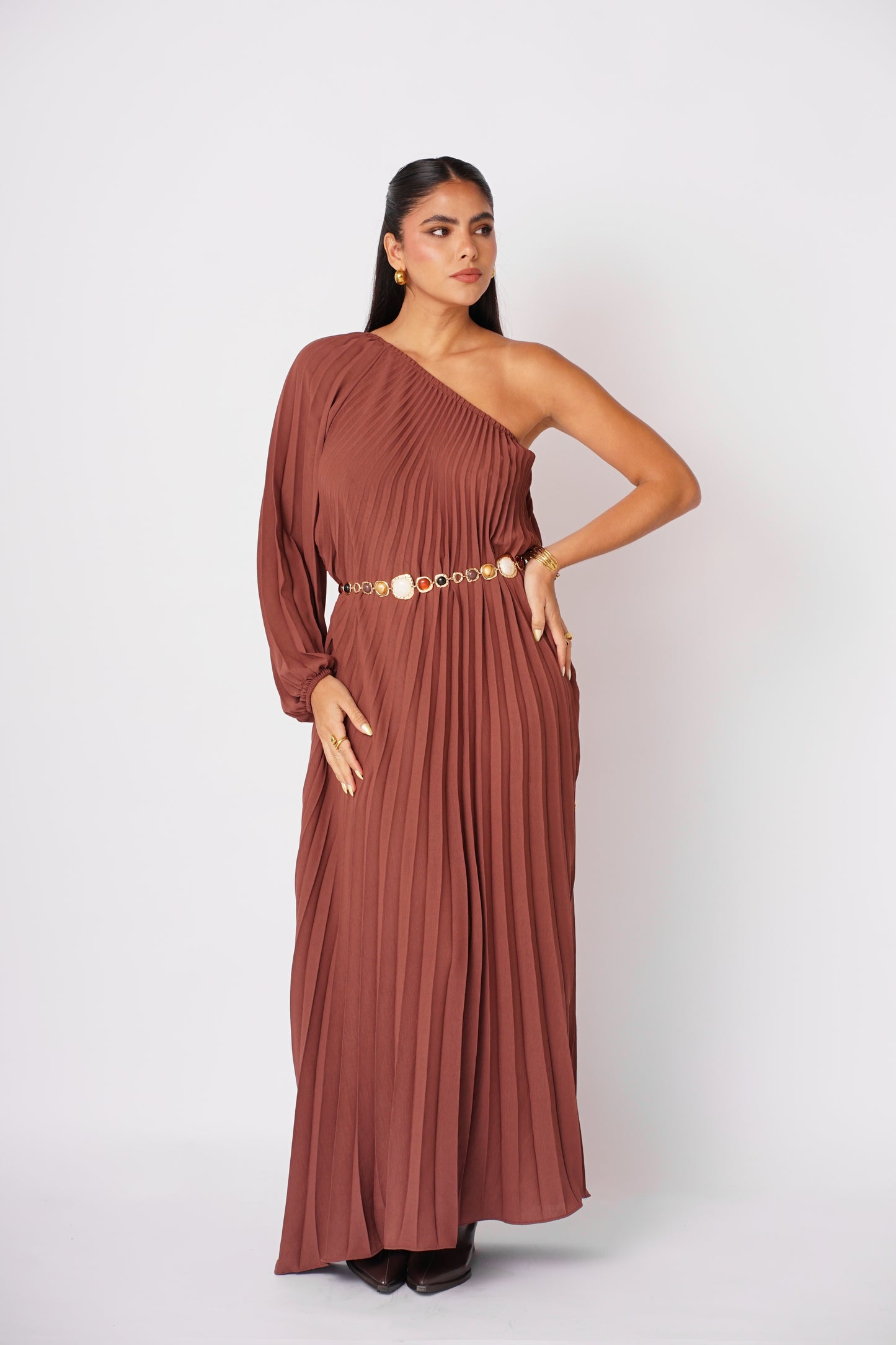 Vestido Marron Plizado Largo