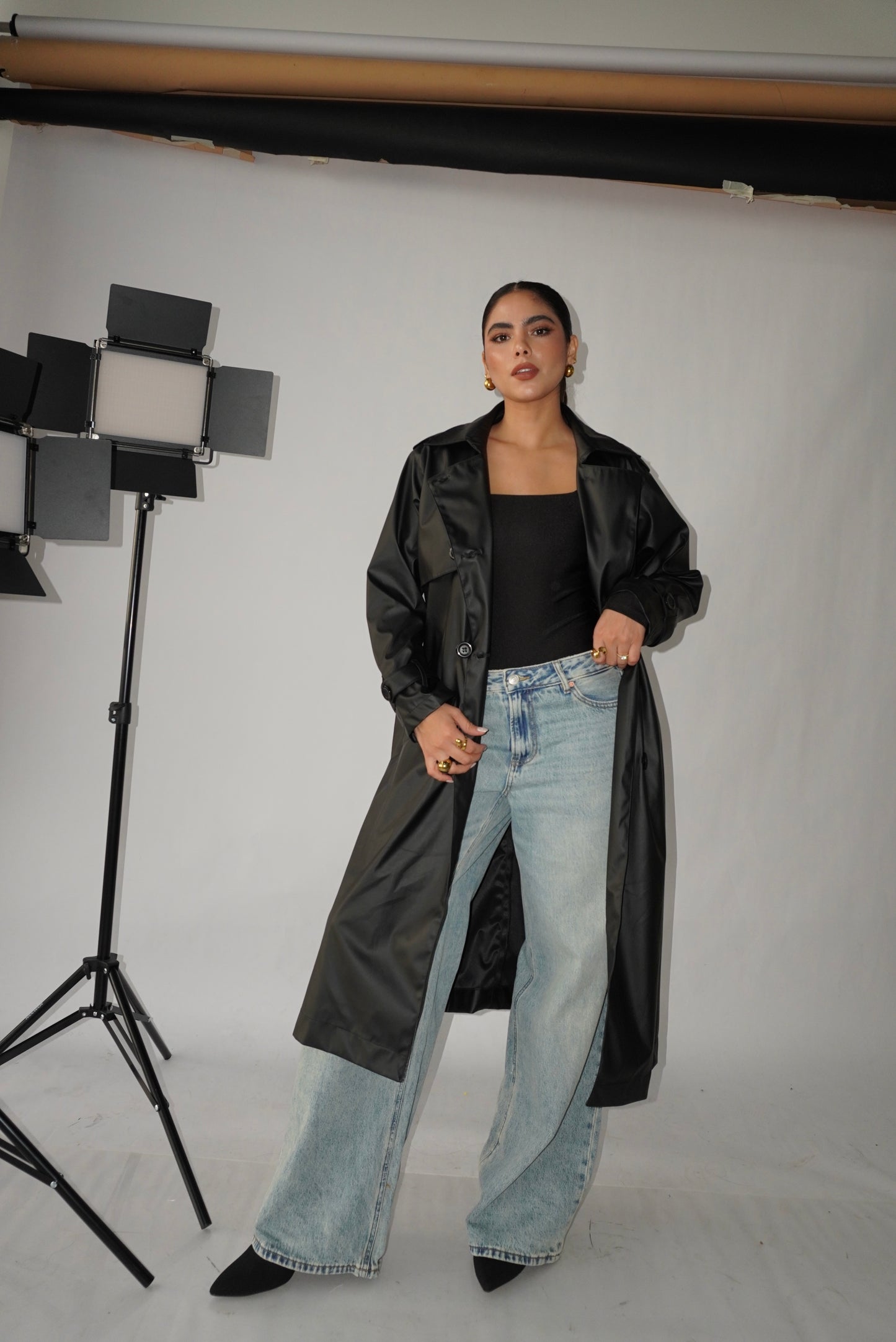 Trench Coat Negro Eco Cuero