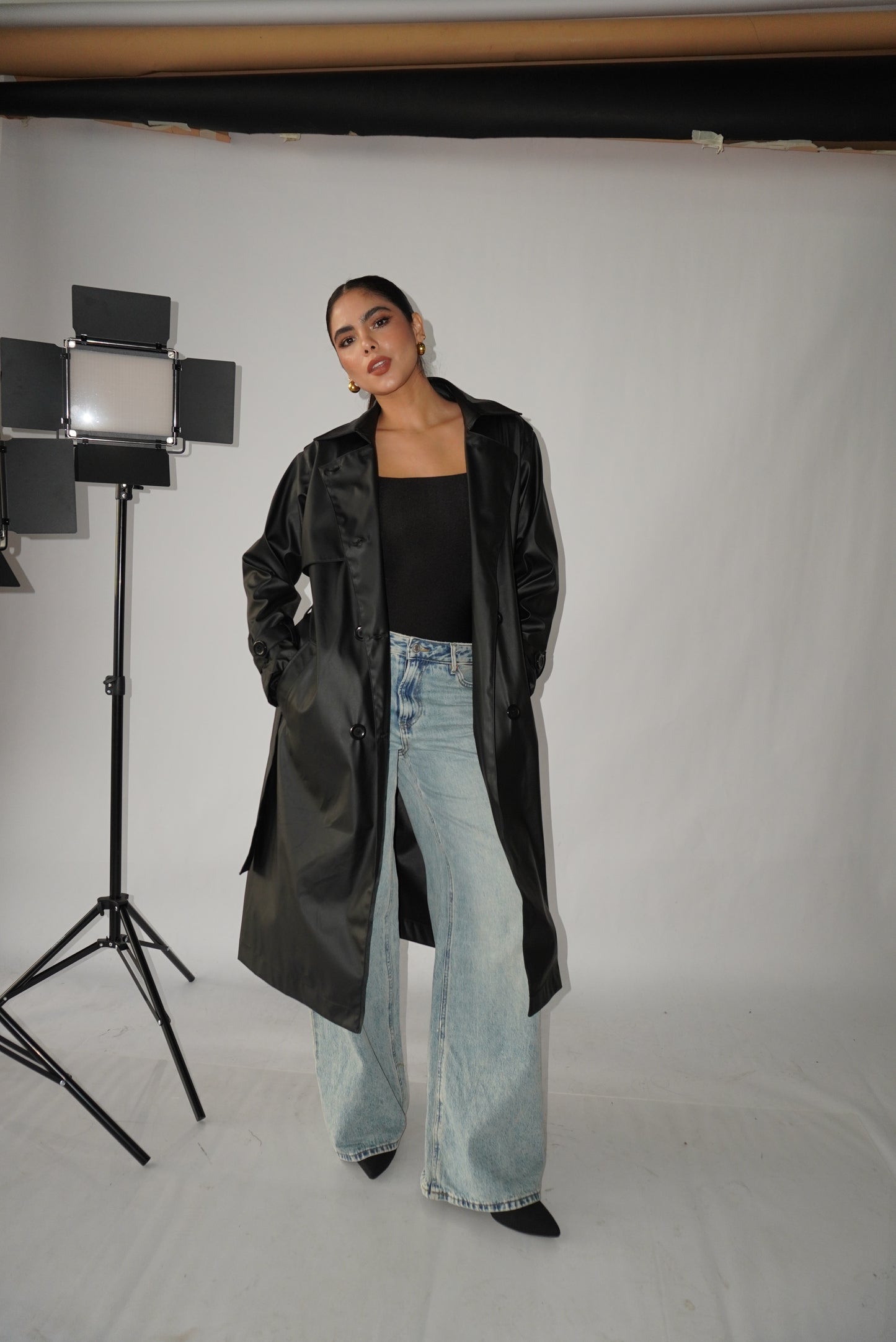 Trench Coat Negro Eco Cuero