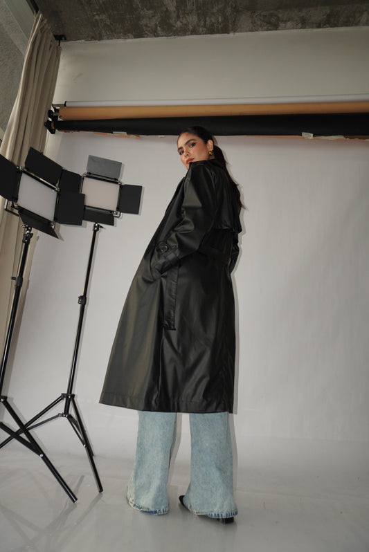 Trench Coat Negro Eco Cuero