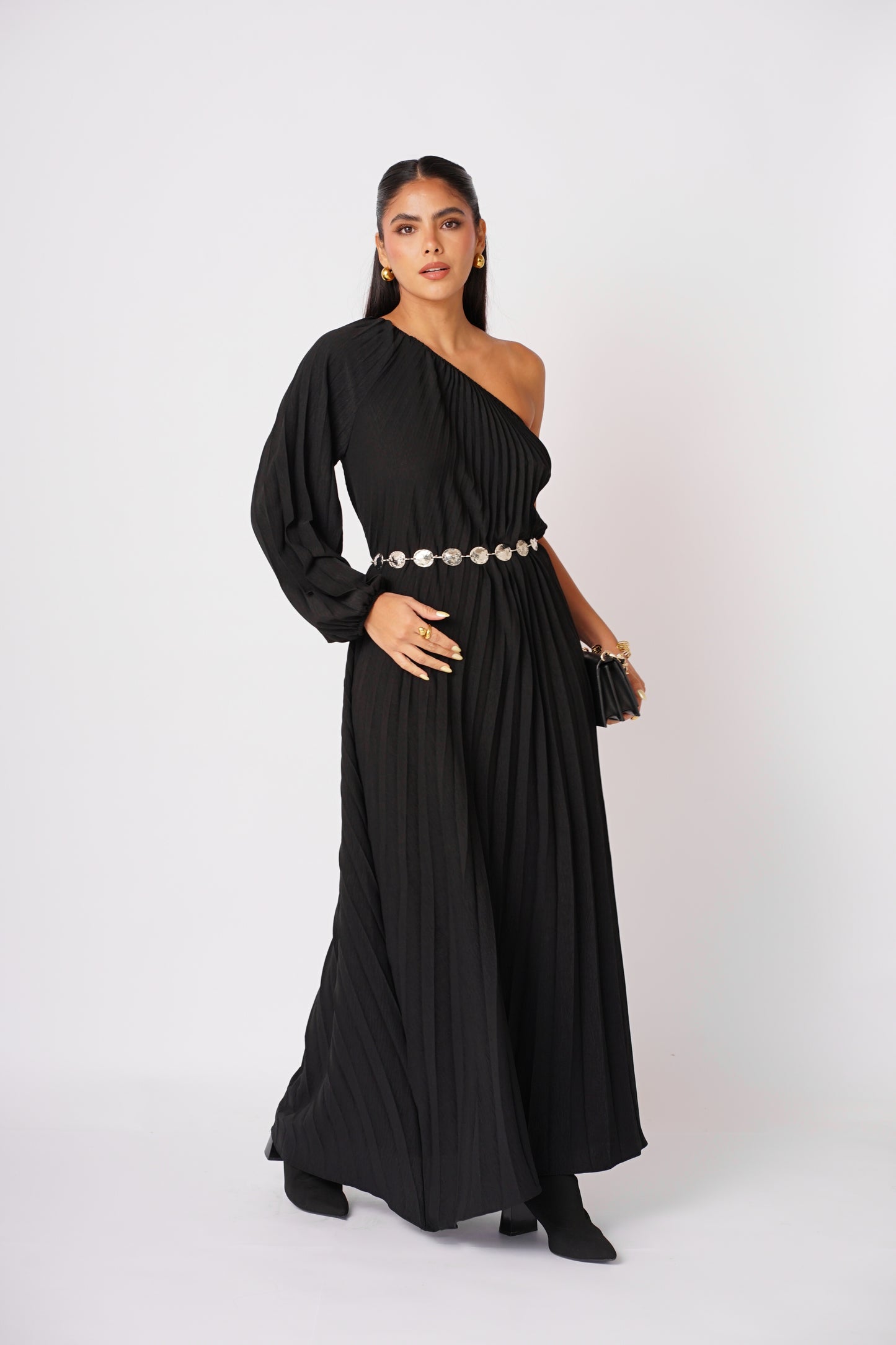 Vestido Negro Plizado Largo