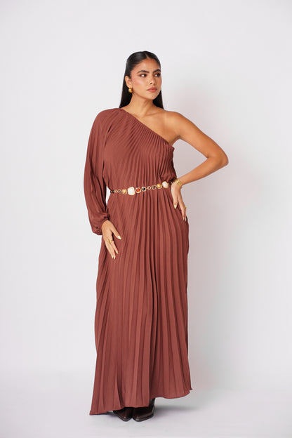 Vestido Marron Plizado Largo