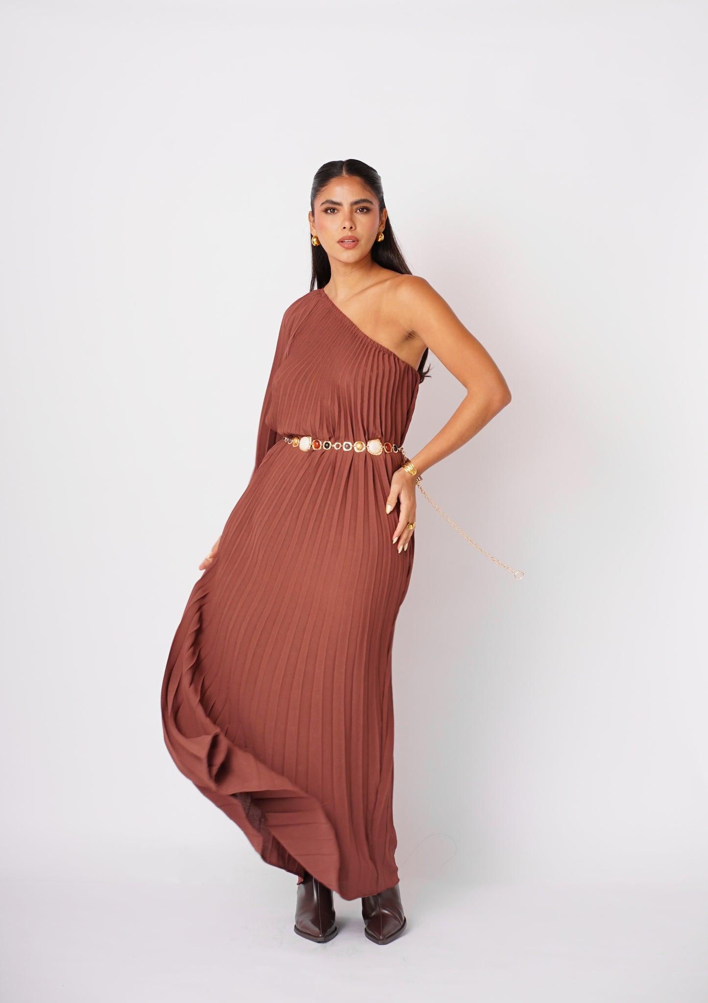 Vestido Marron Plizado Largo