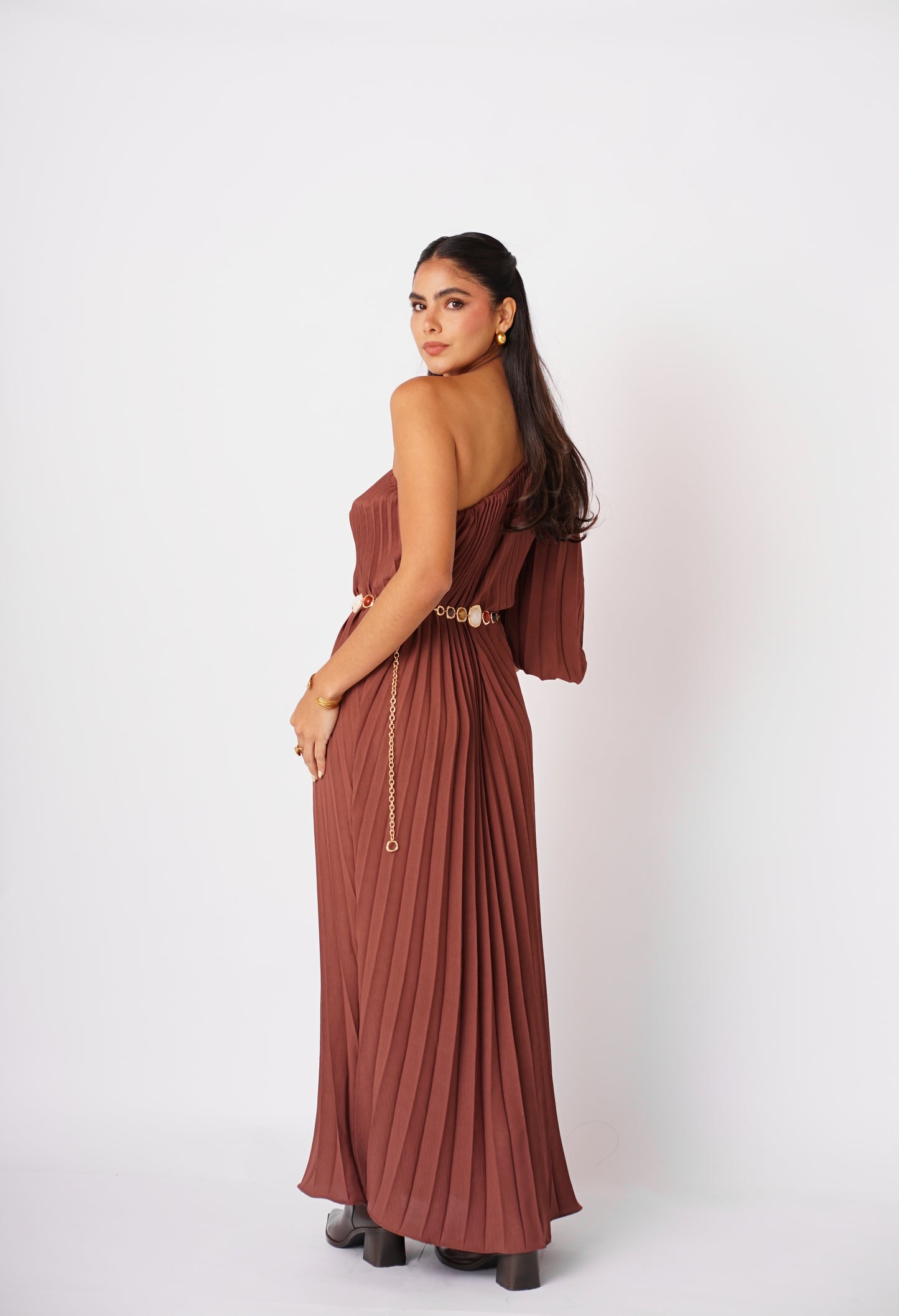 Vestido Marron Plizado Largo