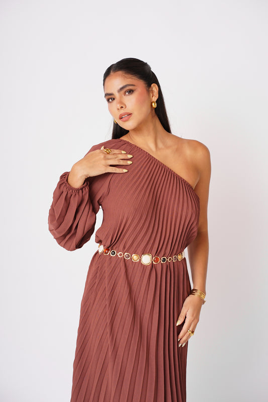 Vestido Marron Plizado Largo