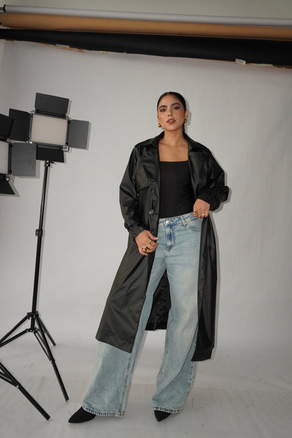 Trench Coat Negro Eco Cuero
