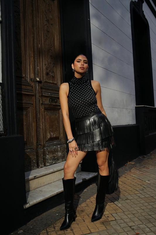 Falda Midi con Flecos en Capas Negro