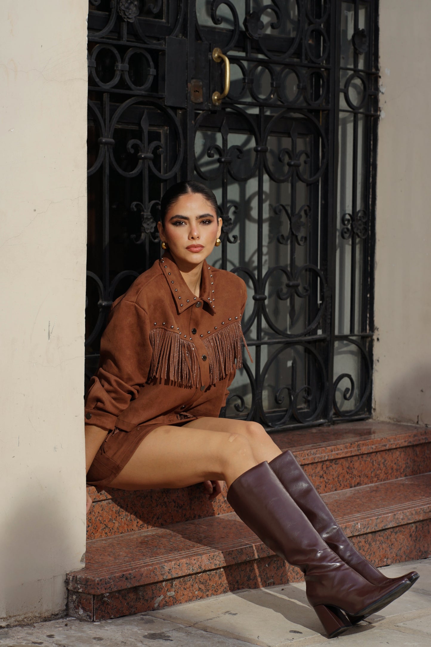Conjunto Gamuza con Flecos Marron