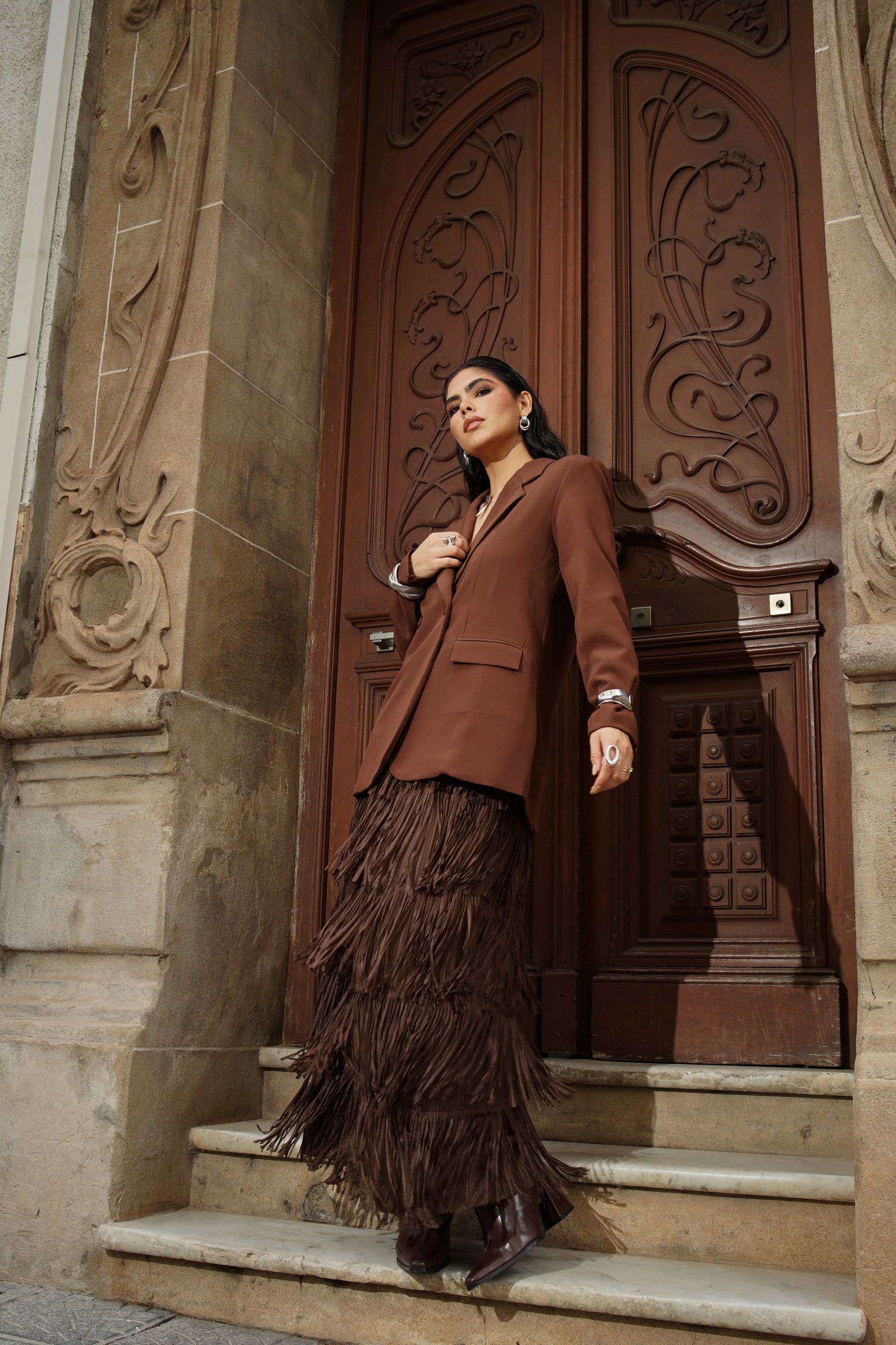 Falda Midi con Flecos en Capas Marron
