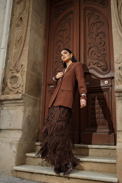 Falda Midi con Flecos en Capas Marron