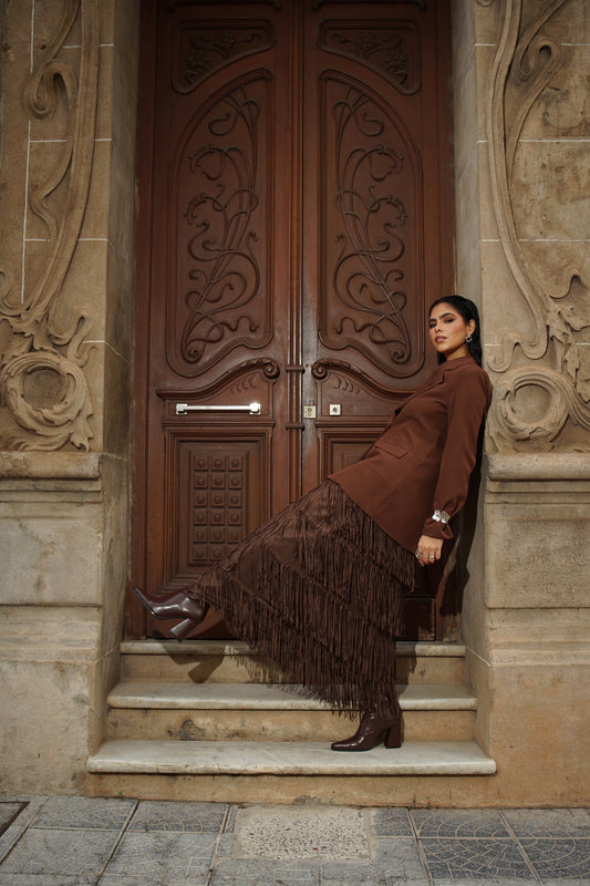 Falda Midi con Flecos en Capas Marron